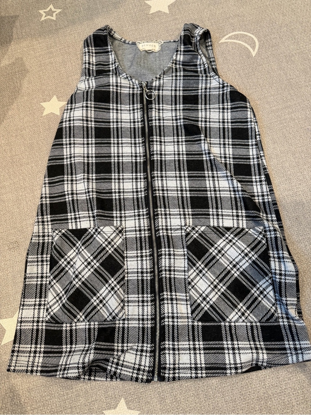 btween Black and White Plaid Zip-Front Casual Dress